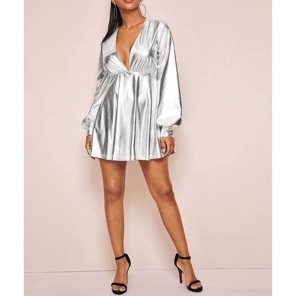 Silver Metallic Deep V Party Dress - Picture 4 of 5